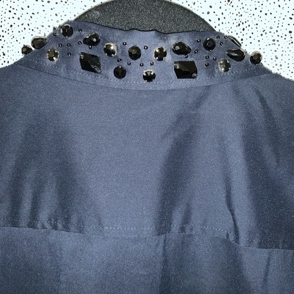 Ann Taylor Jeweled Collar Button Up Navy/Black 14 - Picture 4 of 6